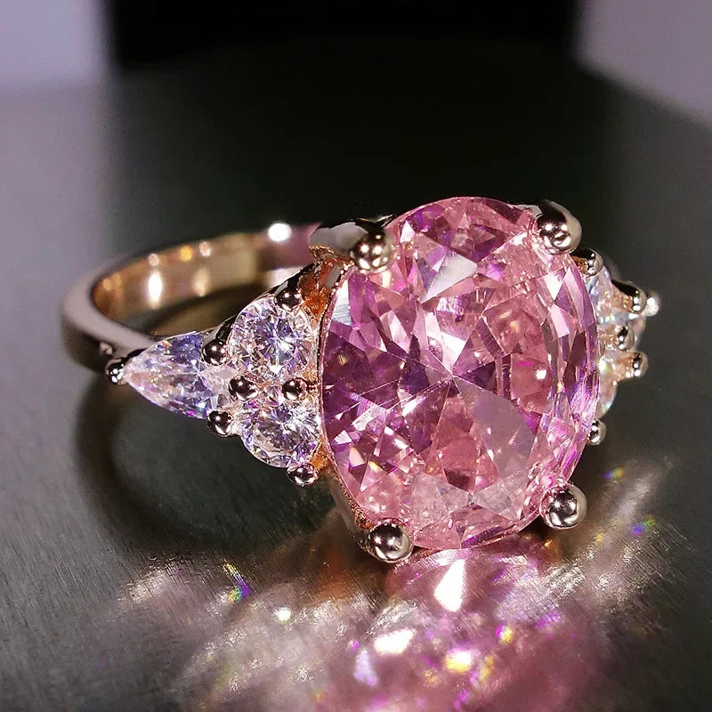 Pink Zircon Big Oval Stone Ring Female Shining Crystal Engagement Rings for Women Vintage Rose Gold Silver Color Wedding Jewelry