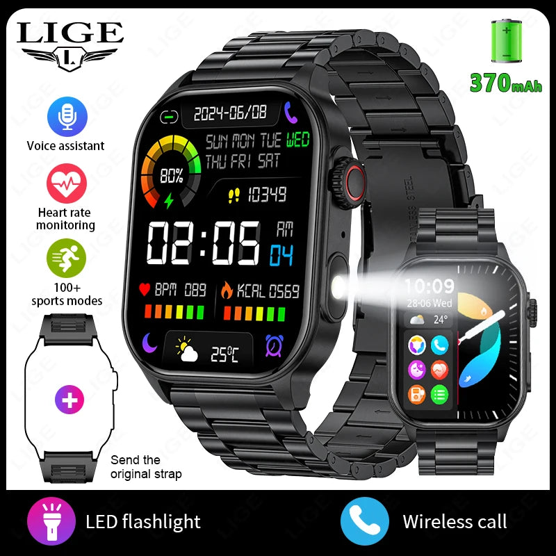 LIGE New Men Smart Watch Flashlight 2.01" HD Large Screen AI Voice Bluetooth Call Sport Watches Health Monitor Smartwatch Women