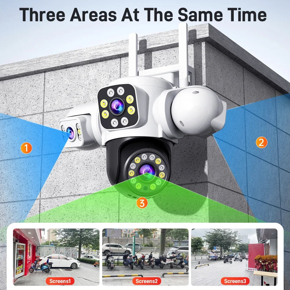 ANSVICAM 6K 12MP Triple Screen Triple Lens Outdoor WiFi PTZ 360° IP66 Yoosee CCTV Surveillance Camera for Complete Security