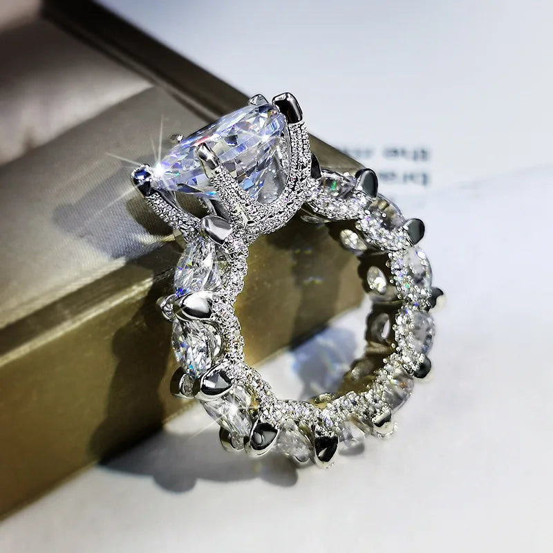 925 Stamp Ring White Zircon For Propose Wedding Engagement Ring Princess Inlaid Big Diamond Rings For Gift Girl Friend