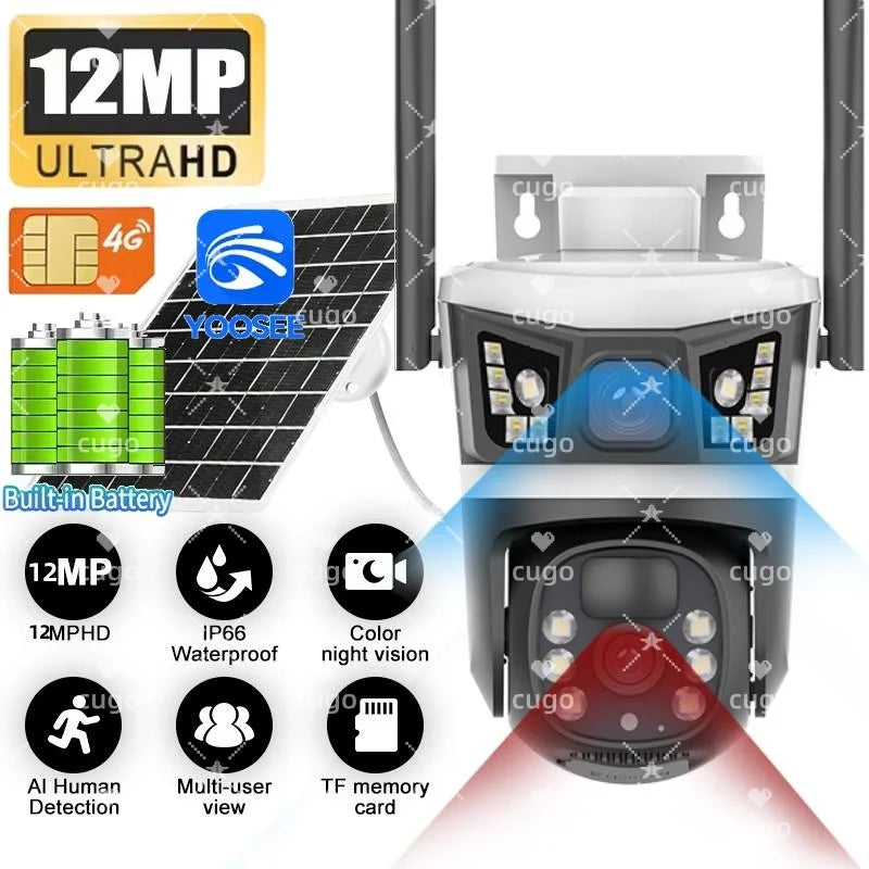 Yoosee Solar 4G IP Camera Outdoor 12MP 6K Dual Lens Dual Screens Security Video Monitor Night Vision Waterproof CCTV Cameras