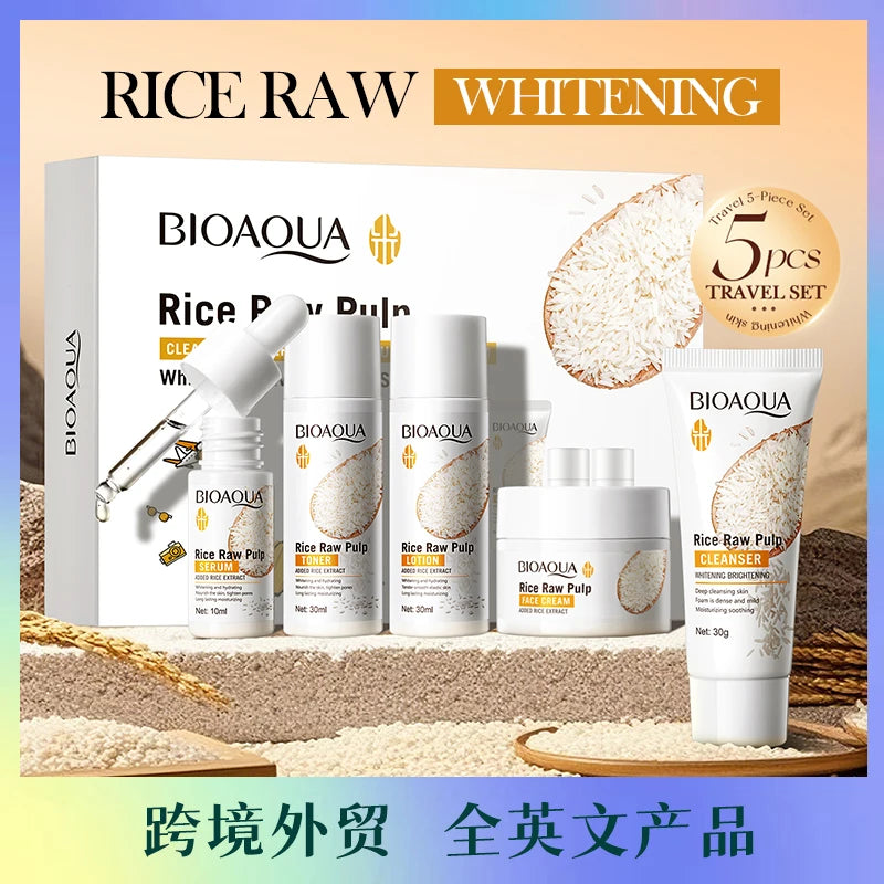 BIOAOUA Rice Milk Travel Kit Whitening Skin Care Facial Cleanser + Toner + Serum + Lotion + Face Cream Brightening Skin Care