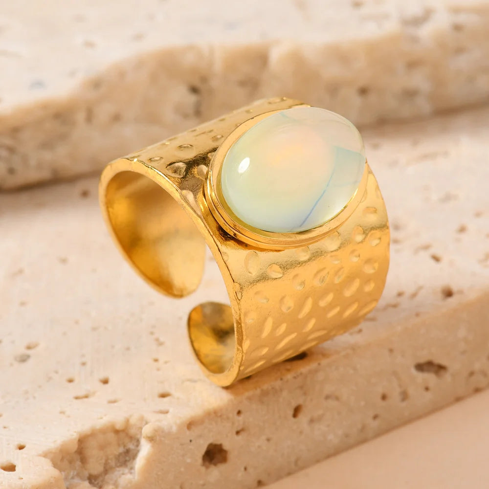 Fashion Stainless Steel Round Natural Stone Green Turquoise Malachite Geometric Ring Women Bohemian Vintage Jewelry