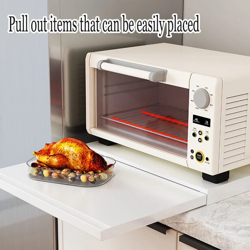 Kitchen microwave storage rack, bottom pull-out tool, drawer style basket, oven bracket, sliding partition, pot and bowl rack