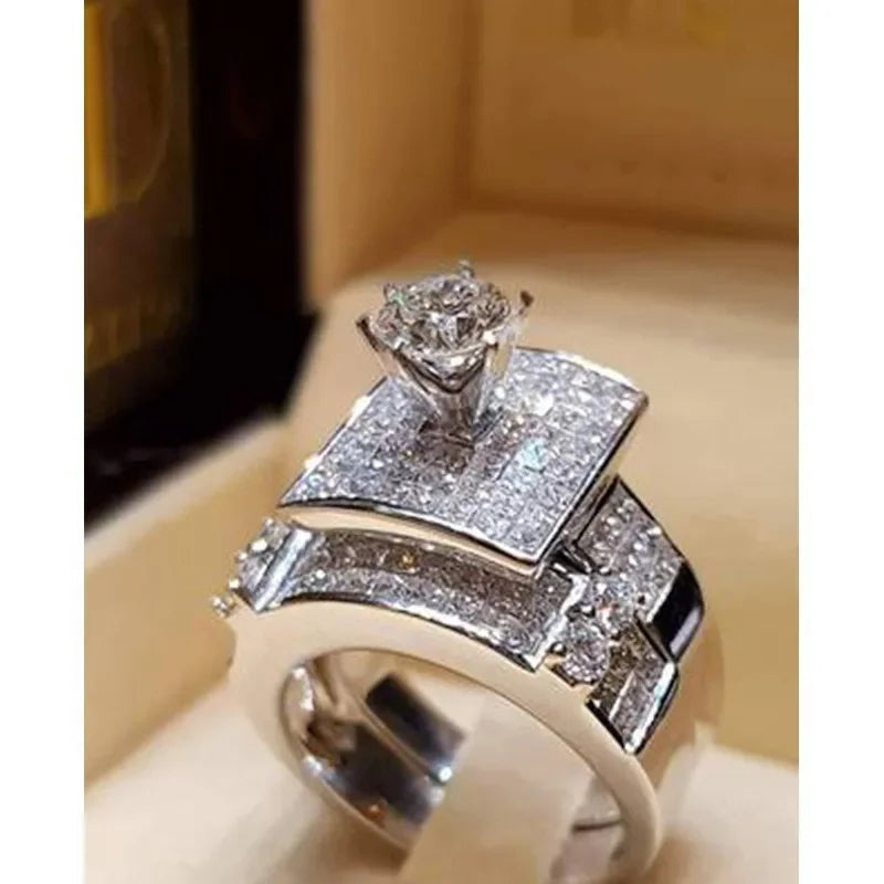 2PCS/Set Milangirl Trendy Crystal Ring Set Wedding Rings Women Geometric Luxury White Bridal Rings Jewelry Ladies Party