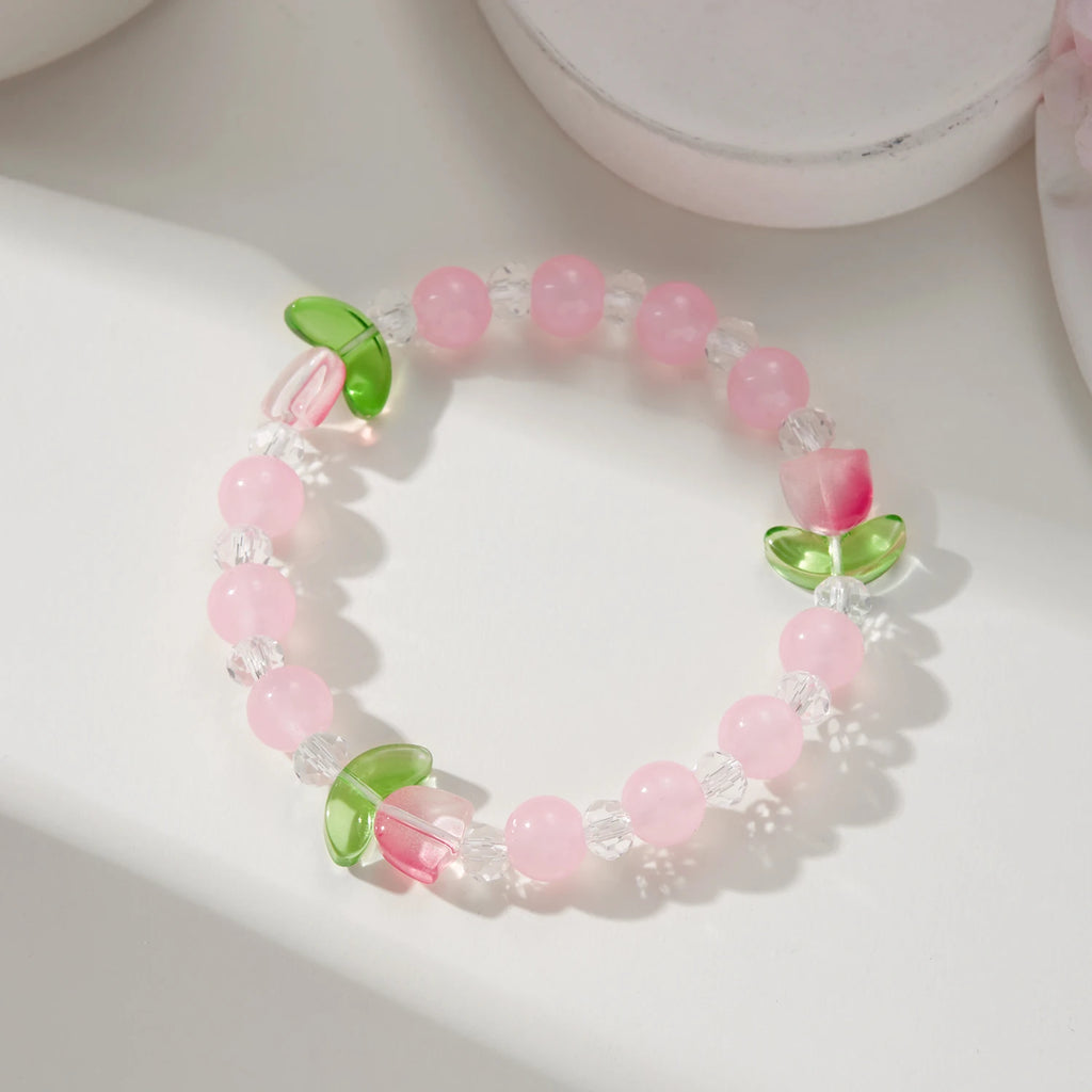 New Fashion Tulip Flower Bracelet for Women Elegant Sweet Candy Color Beads Bracelet Girls Party Jewelry Friendship Gift