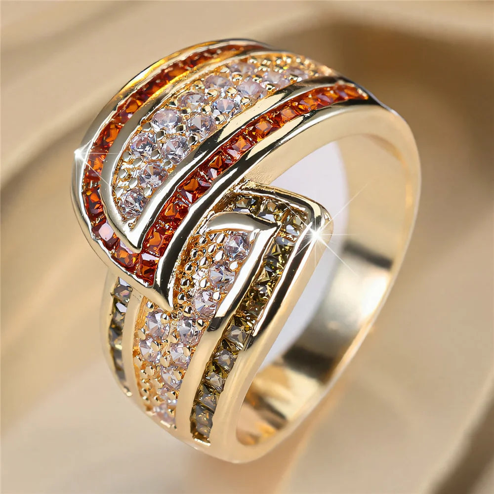 Cute Female Red Crystal White Zircon Stone Gold Color Wedding Jewelry Promise Engagement Wheat Rings For Women
