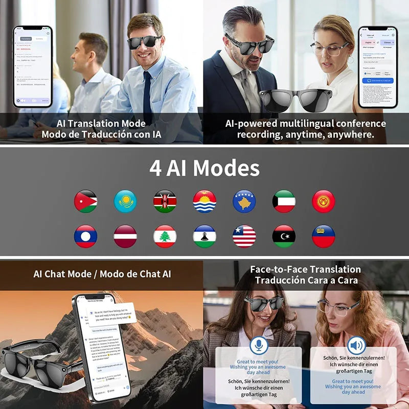 Smart Glasses,AI Translation Bluetooth Glasses with headphone,100+ Languages&Accents,Travel Meeting,Camera Glasses for Men Woman