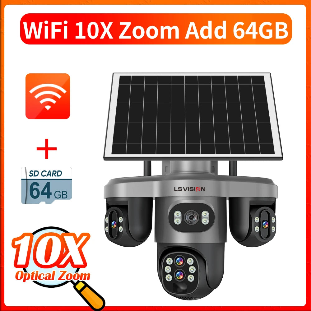 LS VISION 20MP 4G Solar Camera 10X Optical Zoom Four Lens Three Screen Outdoor WiFi Surveillance Cameras Auto Tracking V380 Pro