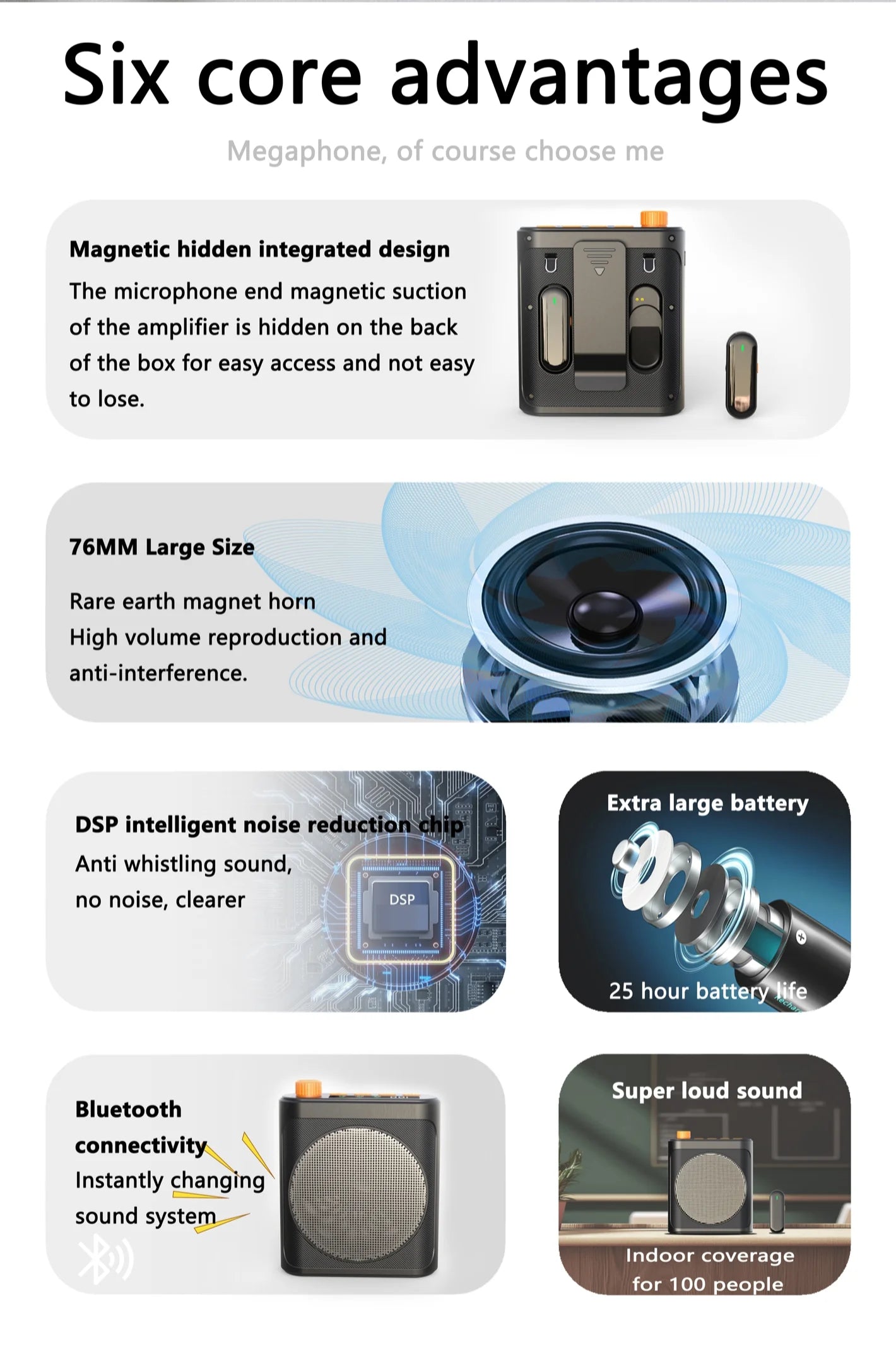 Wireless bluetooth megaphone with clip-on microphone portable speaker suitable for teachers speech guide learning singing life