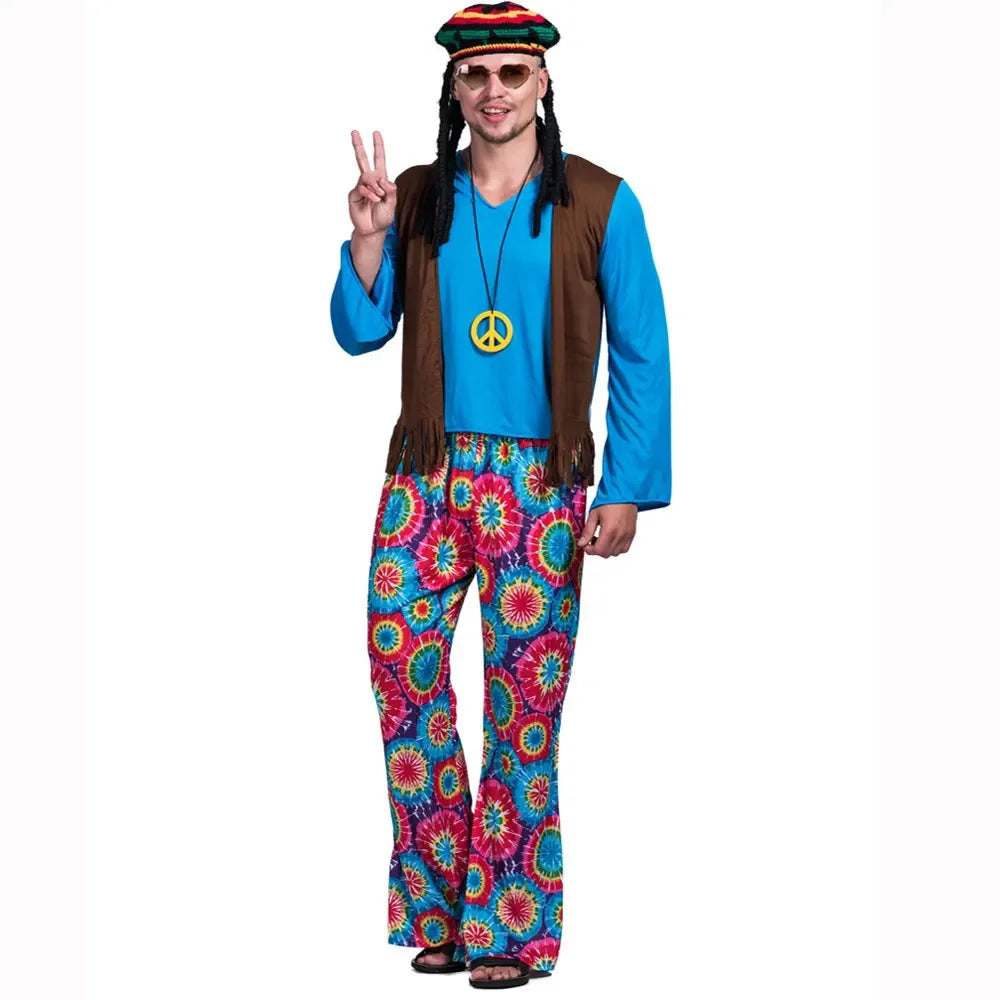 2025 Halloween Costume d'Halloween pour Homme, Ensemble Pantalon, Chemise, Frange, Cadre en Verre, Collier, Chapeau Rasta