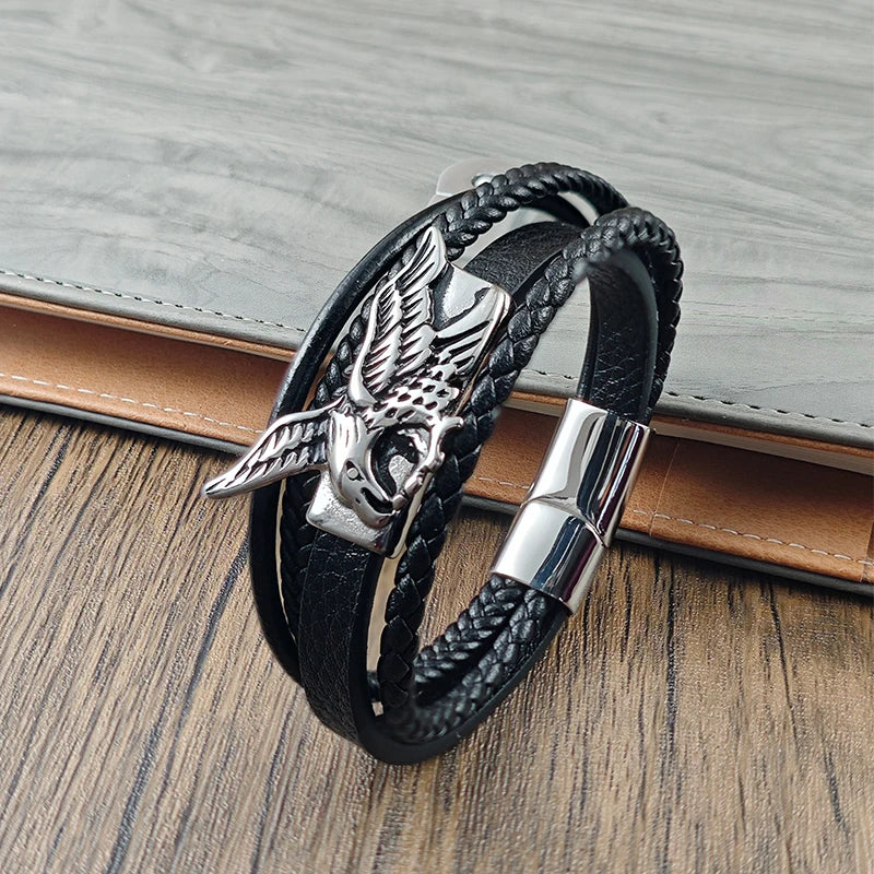 New Fashion Men Bracelet Hand Homme Eagle Bracelets Woven Hand Jewelry For Stainless Steel Magnet Clasp Leather Bangles Gift