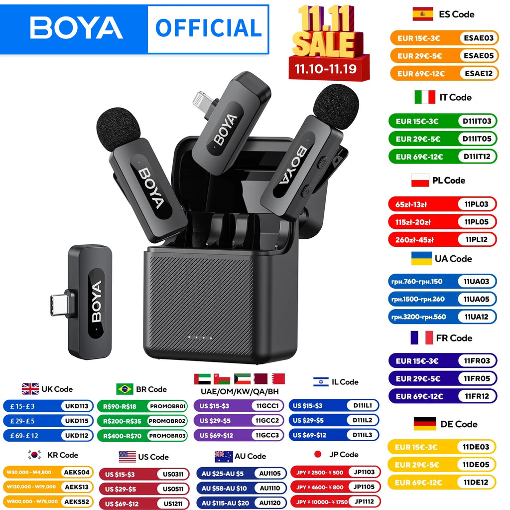 BOYA BY-V3 Wireless Lavalier Lapel Mirophone Noise-cancelling Rechargeable Mic for iPhone Android Camera Live Streaming Vlogging