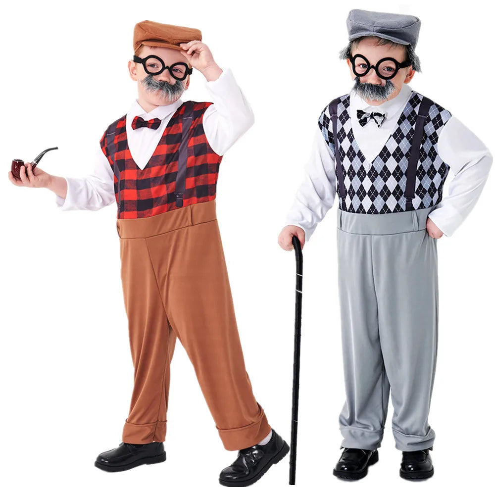 Halloween Costumes Boys Girls Old Man Costume for Kids Children 100th Day of School Grandpa Cosplay Carnival Party Fancy Dress