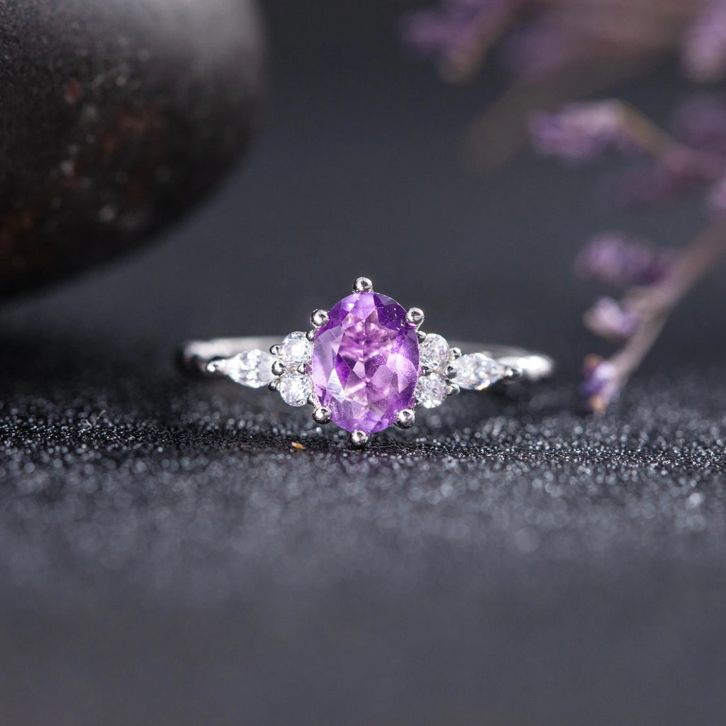 Charm Gold Silver Color Wedding Ring Natural Amethyst Oval Shaped Stone Engagement Ring Unique Zircon Cluster Rings For Women
