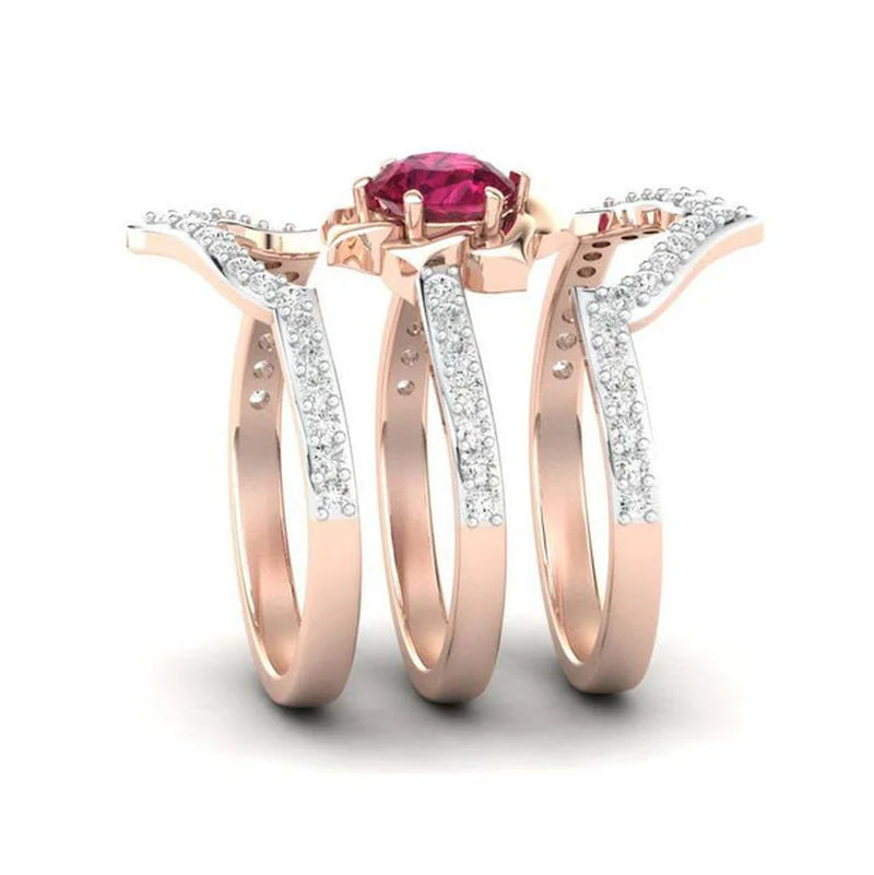 Dazzling Rose Gold Color Flower Ring for Women Delicate Metal Inlaid Red Zircon Stones Wedding Rings Set Engagement Jewelry