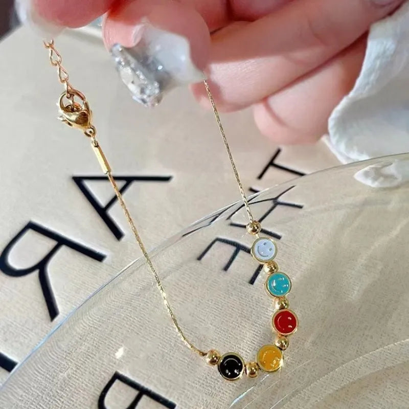 Fashion New Rainbow Smile Face Bracelets for Women Girls Stainless Steel Colorful Chain Jewelry Summer Beach Anklets Gifts 2023