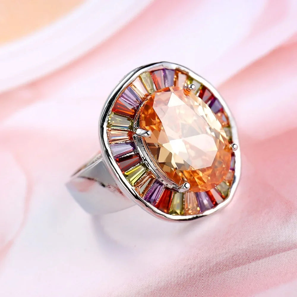 New Statement Bridal Big Round Colorful CZ Finger 925 Sterling Silver Rings Champagne Cubic Zircon Jewelry for Women Party Gift