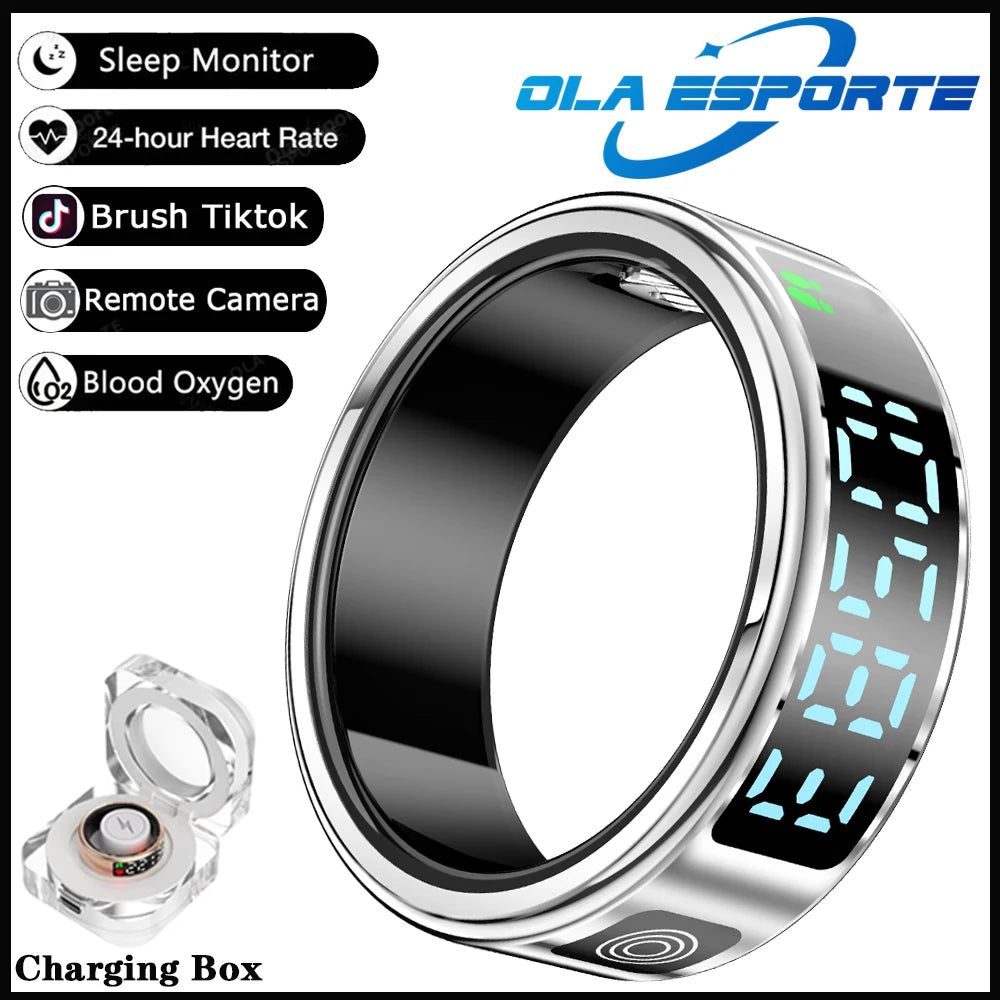 SR08 Smart Ring with Charging Box for Men Women LED Display Screen Gesture Control Health Monitor 5ATM Waterproof Sports Rings