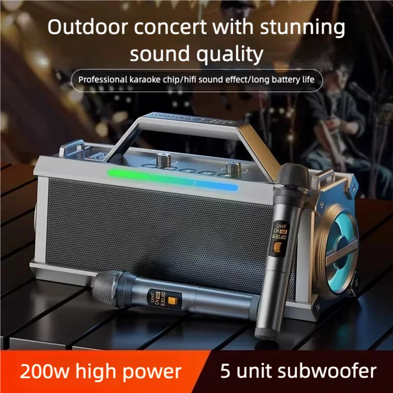 200W Powerful Voice Amplifier with 2 Wireless Microphones, Big Pro Sound Speaker,  Karaoke Machine Support BT/USB/TF Card/Aux