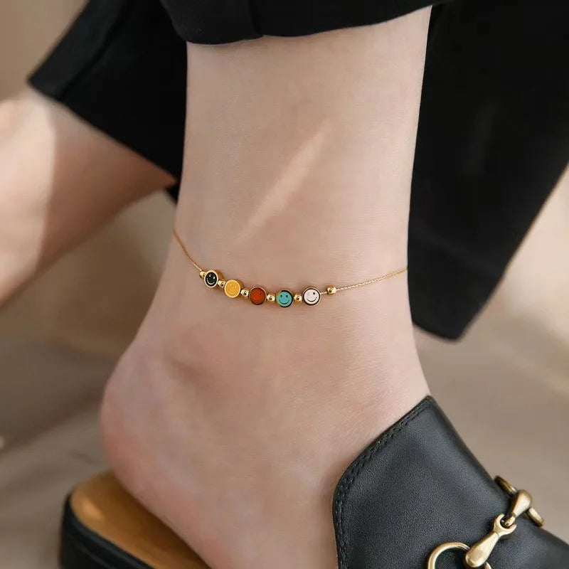 Fashion New Rainbow Smile Face Bracelets for Women Girls Stainless Steel Colorful Chain Jewelry Summer Beach Anklets Gifts 2023