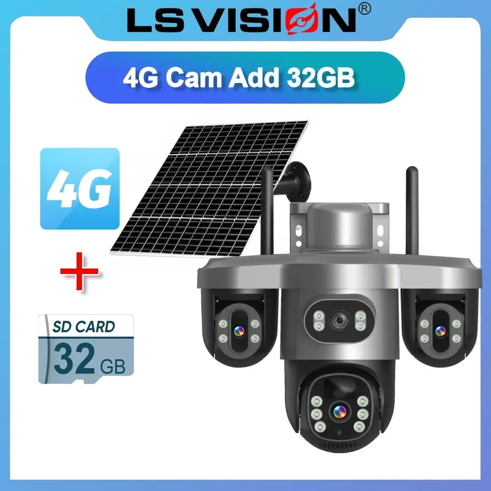 LS VISION 15MP Three PTZ&Screen 4G Solar Camera WIFI Wireless CCTV 10X Zoom Auto Tracking Wifi Security V380 Pro Outdoor Cameras