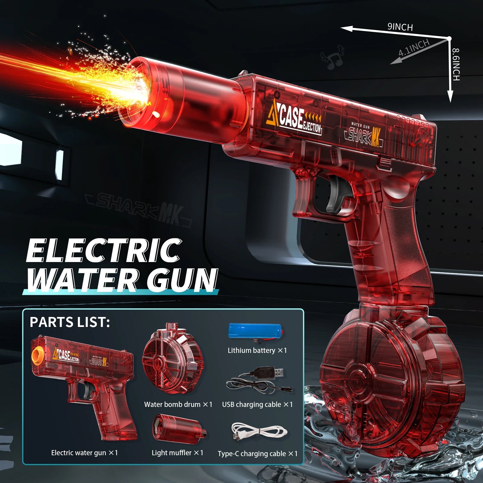 Electric Water Gun, Automatic Squirt with Pistol Realistic Gun Muzzle Flame Summer Outdoor Beach Swimming Pool Party Toy
