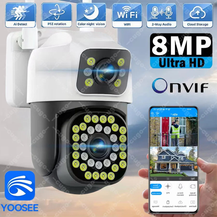 4K 8MP Dual Lens Dual Screen IP Camera Wifi PTZ Cameras Outdoor 4MP AI Auto Tracking CCTV HD Audio Video Surveillance Cam YOOSEE