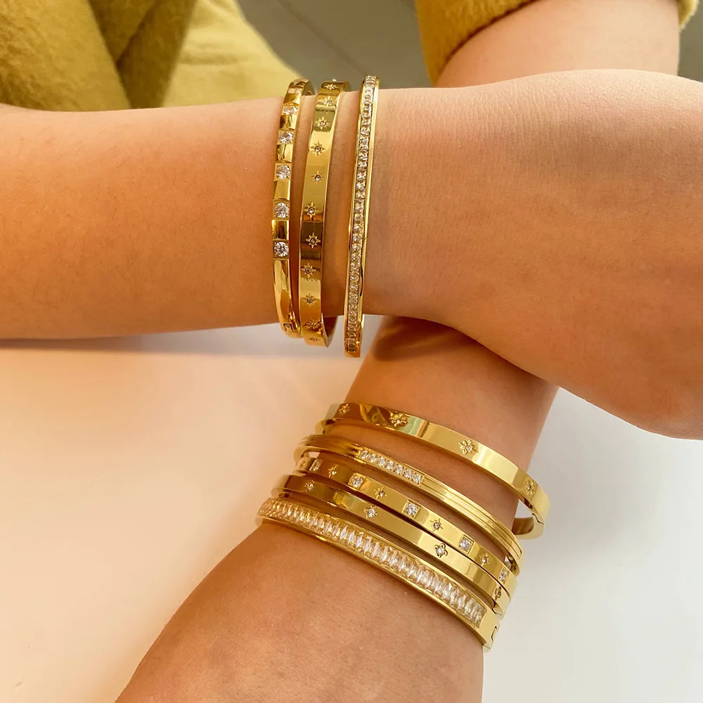 Luxury Jewelry Accessories Non Tarnish Elegant Cubic Zirconia Star 18K Gold Plated Stainless Steel Bangle Bracelet for Women