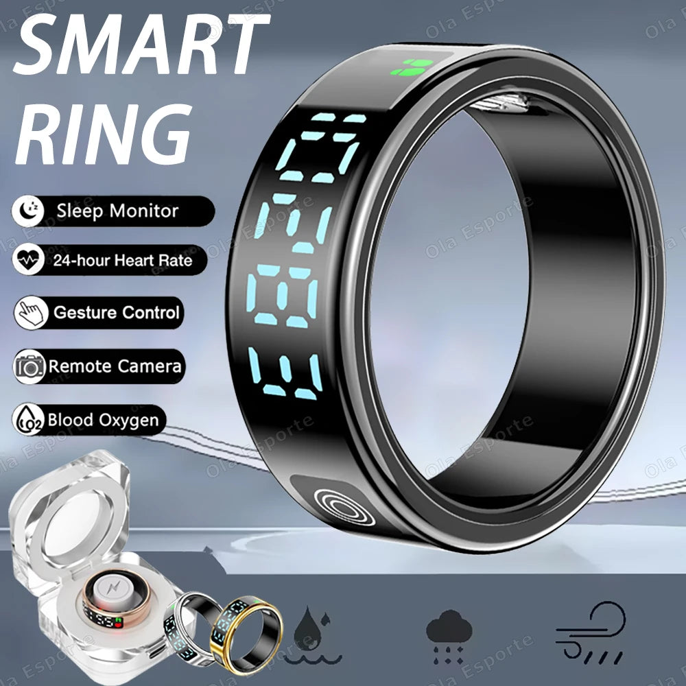 SR08 Smart Ring with Charging Box for Men Women LED Display Screen Gesture Control Health Monitor 5ATM Waterproof Sports Rings