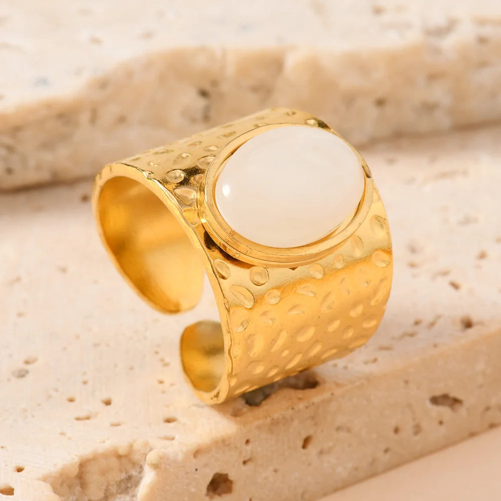 Fashion Stainless Steel Round Natural Stone Green Turquoise Malachite Geometric Ring Women Bohemian Vintage Jewelry