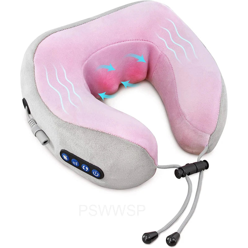Electric U Shaped Massage Pillow Heated Neck Massager Memory Foam Soft Sleeping Travel Airplane Pillow Cervical Health Care Tool