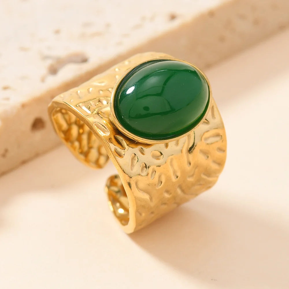 Fashion Stainless Steel Round Natural Stone Green Turquoise Malachite Geometric Ring Women Bohemian Vintage Jewelry
