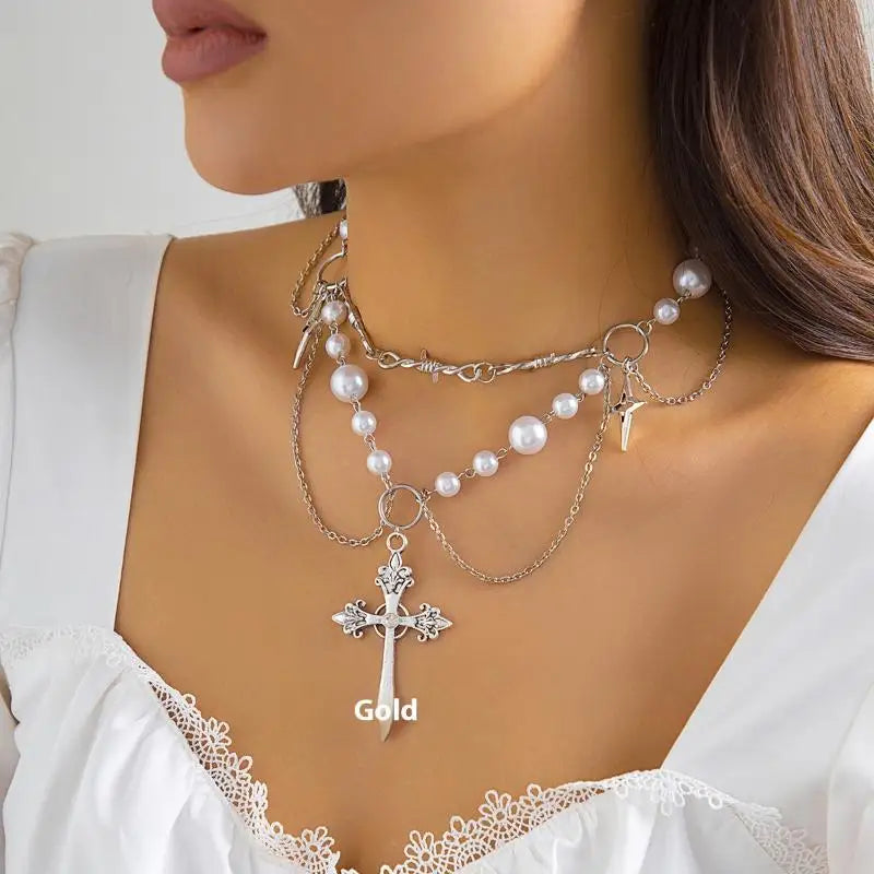 Women's New Necklace Lolita White Lace Necklace, Pearl Tassel Rhinestone Necklace Collar Sweet Cool Fashion Necklaces Girls Gift