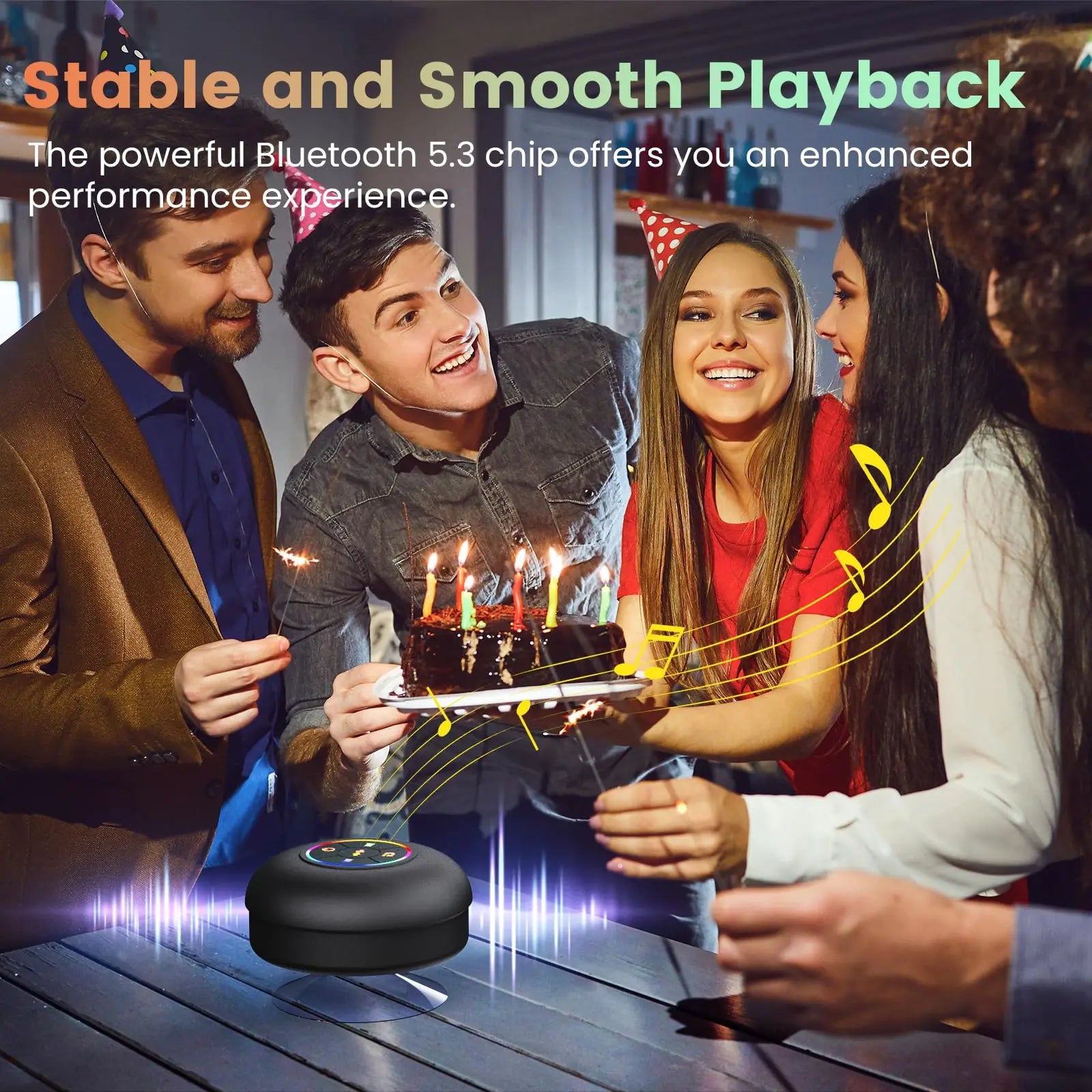 Waterproof Bluetooth Speaker with Colorful LED Lights, Strong Suction Cup & Phone Holder, Portable Mini Speaker for Outdoor/Show