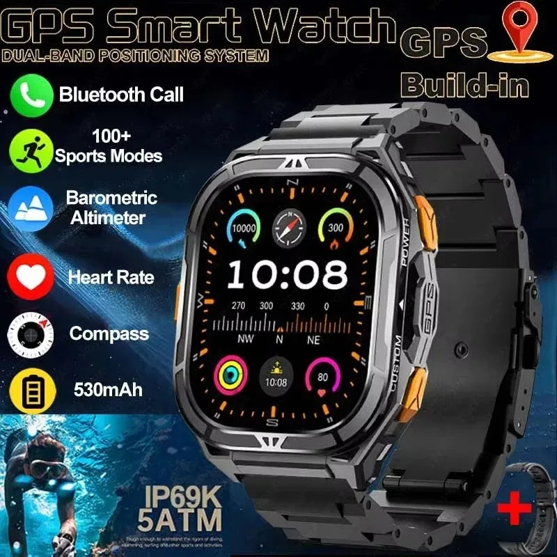 2025 New GPS Smart Watch Men 1.96-inch HD AMOLED Screen Compass Bluetooth Call 5ATM Waterproof Sport Smart Watch for Android iOS