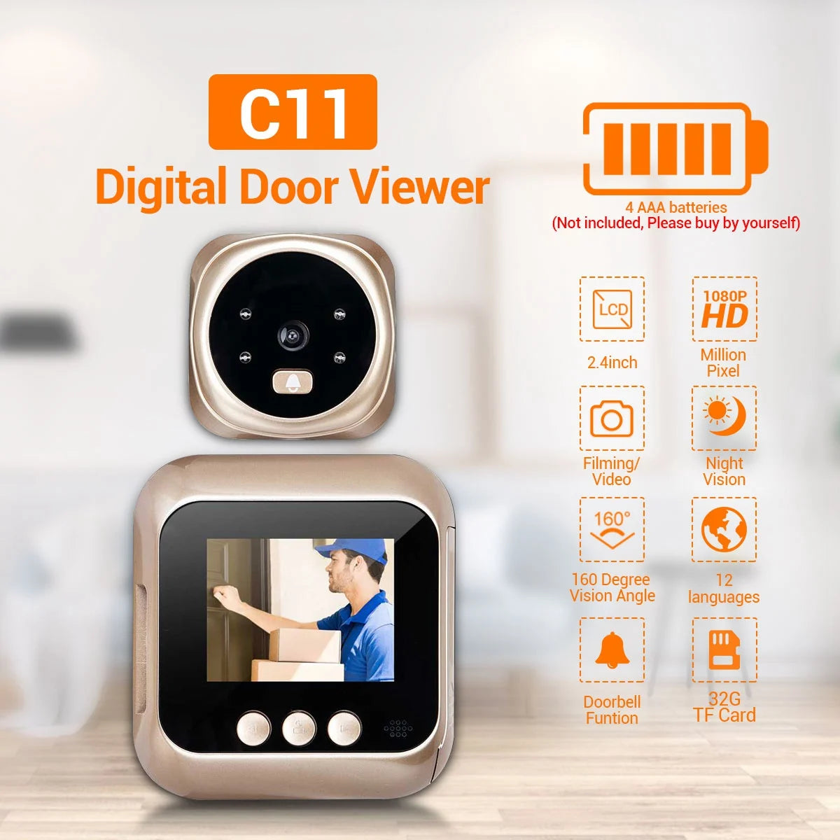 AA81-Doorbell Camera 1080P Home Smart Doorbell Security Door Peephole Camera With 2.4-Inch High-Definition Screen Display