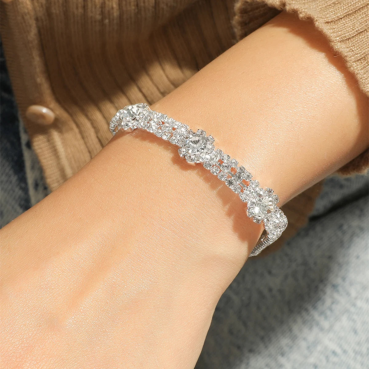 Wedding Bridal Jewelry 1-10 Row Cuff CZ Rhinestone Crystal Stretch Strand Bracelet Bangle Dropshipping