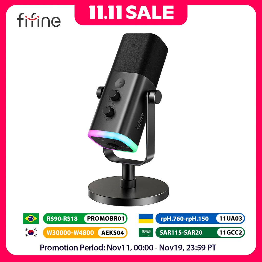 FIFINE USB/XLR Dynamic Microphone with Touch Mute Button,Headphone jack,I/O Controls,for PC PS5/4 mixer,Gaming MIC Ampligame AM8
