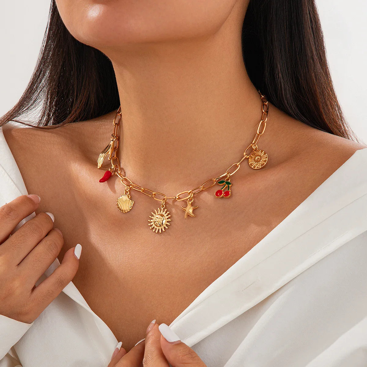 New Fashion Charm Necklace For Women Sunflower Cherry Shell Starfish Pendant Cross Ocean Beach Jewelry Gifts
