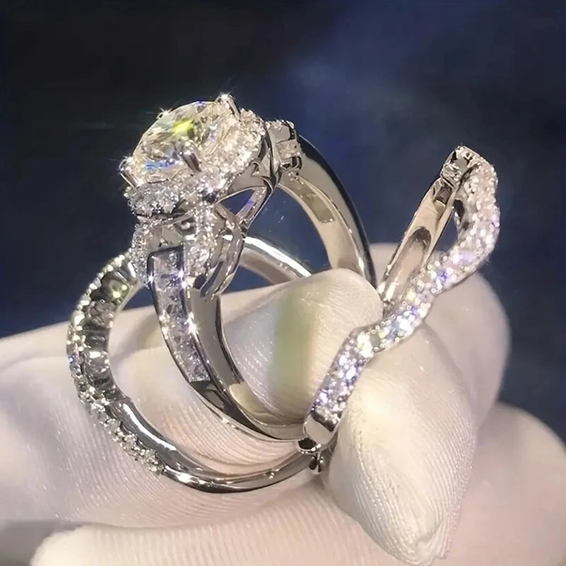 Exquisite Fashion Silver Color Inlaid with White Zircon Engagement Rings Luxury Elegant Wedding Rings Set Women Jewelry
