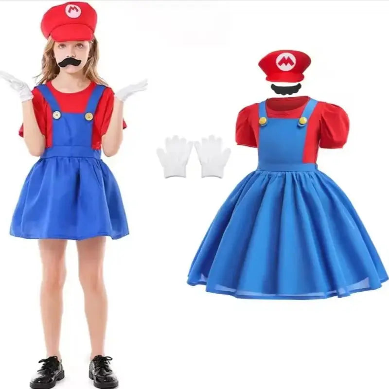 Halloween Costume Sets For Children Cartoon Bros Cosplay Dress+Top+Hat+Fake Beard Christmas Girls Party Dresses Carnival Outfits