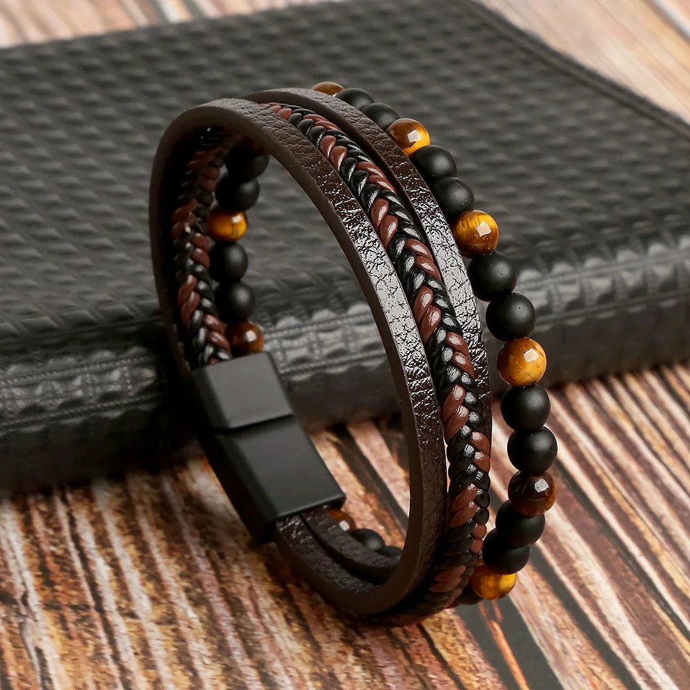 New Vintage Leather Handwoven Rope Bracelet Leather Beaded Magnetic Buckle Men's Bracelet Fashion Jewelry Wholesale