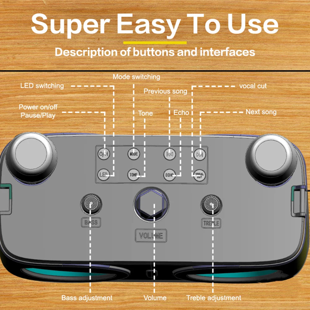 20W Karaoke Machine with Two Wireless Microphones, Portable Bluetooth Speaker with Bass/Treble Adjustment,  RGB Lights