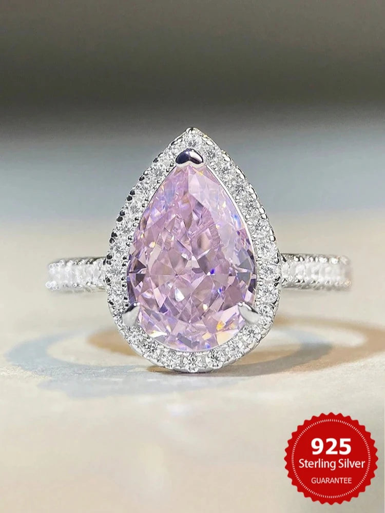 925 Sterling Silver Gorgeous Pink Color Zircon Water Drop Ring For Women Engagement Wedding Luxury High Quality Fine Jewelry