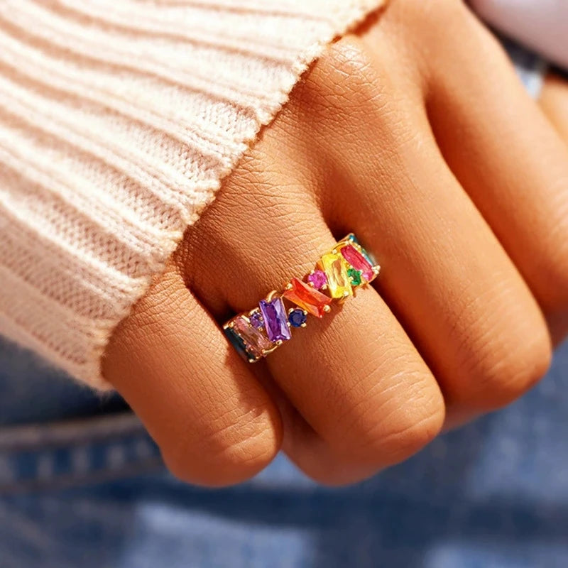 Charm Irregular Rainbow Zircon Colorful Wedding Bands Gold Silver Color Female Promise Engagement Rings For Women Bridal Jewelry