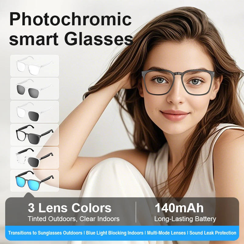Smart Glasses Anti Blue Photochromic Bluetooth Sunglasses UV Protection Hands-Free Calls Audio Voice Assistant Glasses 2025