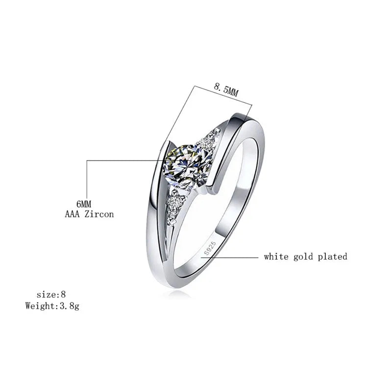 Cute Female White Zircon Round Stone Ring Silver Color Engagement Charm Wedding Jewelry For Women