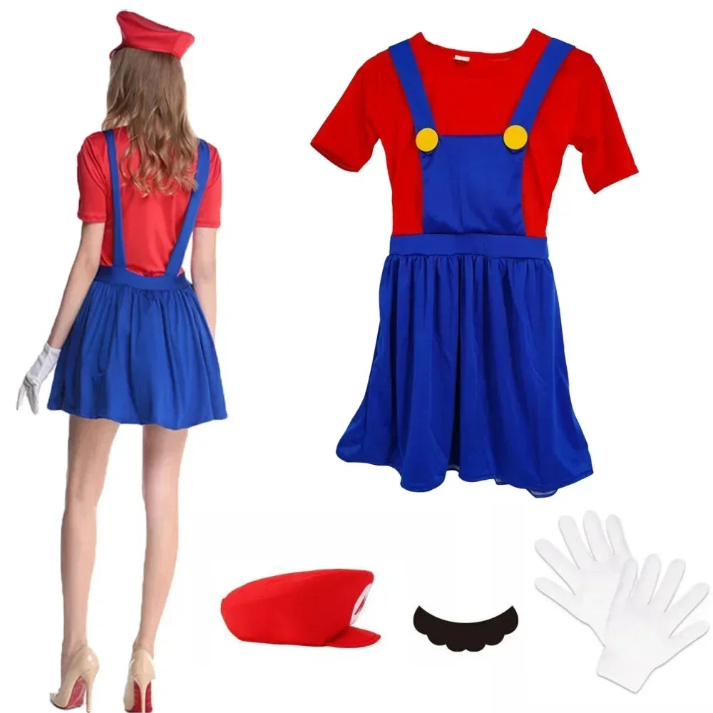 Halloween   Plumber Bros Cosplay Costumes Funny Halloween Carnival Outfits for Men Women Fancy Jumpsuit with Hat Mustache Gloves