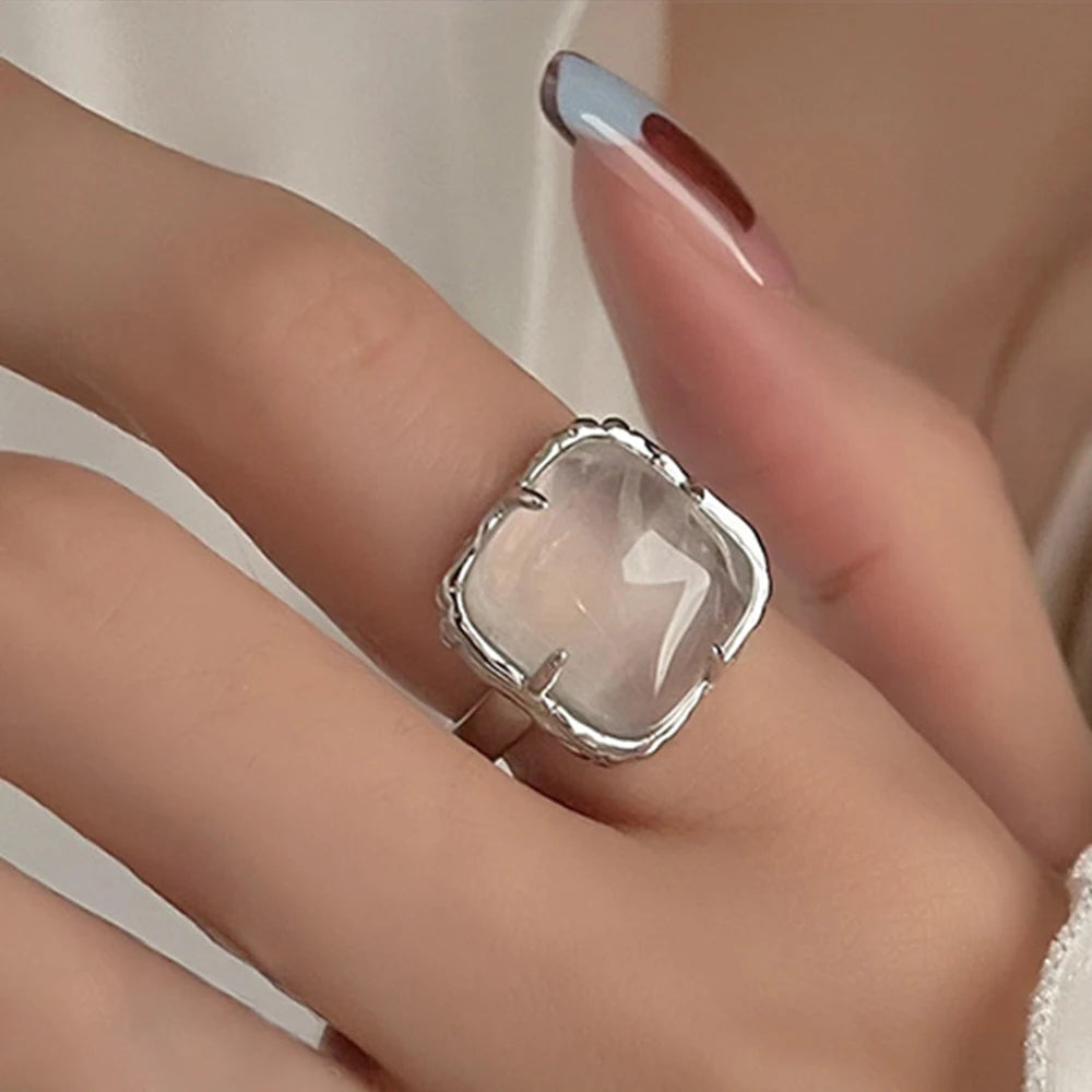 PANJBJ 925 Sterling Silver Geometry Crystal Ring For Women Ellipse Exaggerated Punk Water Drop Open Jewelry Gift Dropshipping